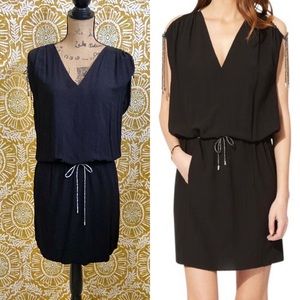 Maje Black Romane Tie Waist/Sleeves V-Neck Blouson Mini Dress size 2=M